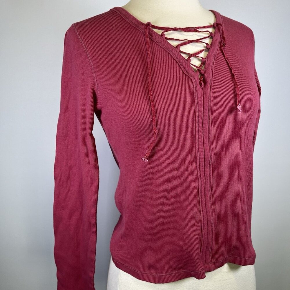 Calvin Klein Y2K Pink Slim Ribbed Cotton Lace Up Shirt Medium Bratz Preppy